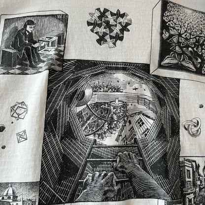 90's M.C.Escher エッシャー アートマルチプリントTシャツ ホワイト ANDAZIA(XL)/C1066T-SO