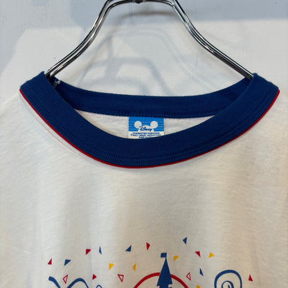 80's Disney World 15周年記念 ミッキー キャラクター リンガーTシャツ 白 (L)/A7625T-SO