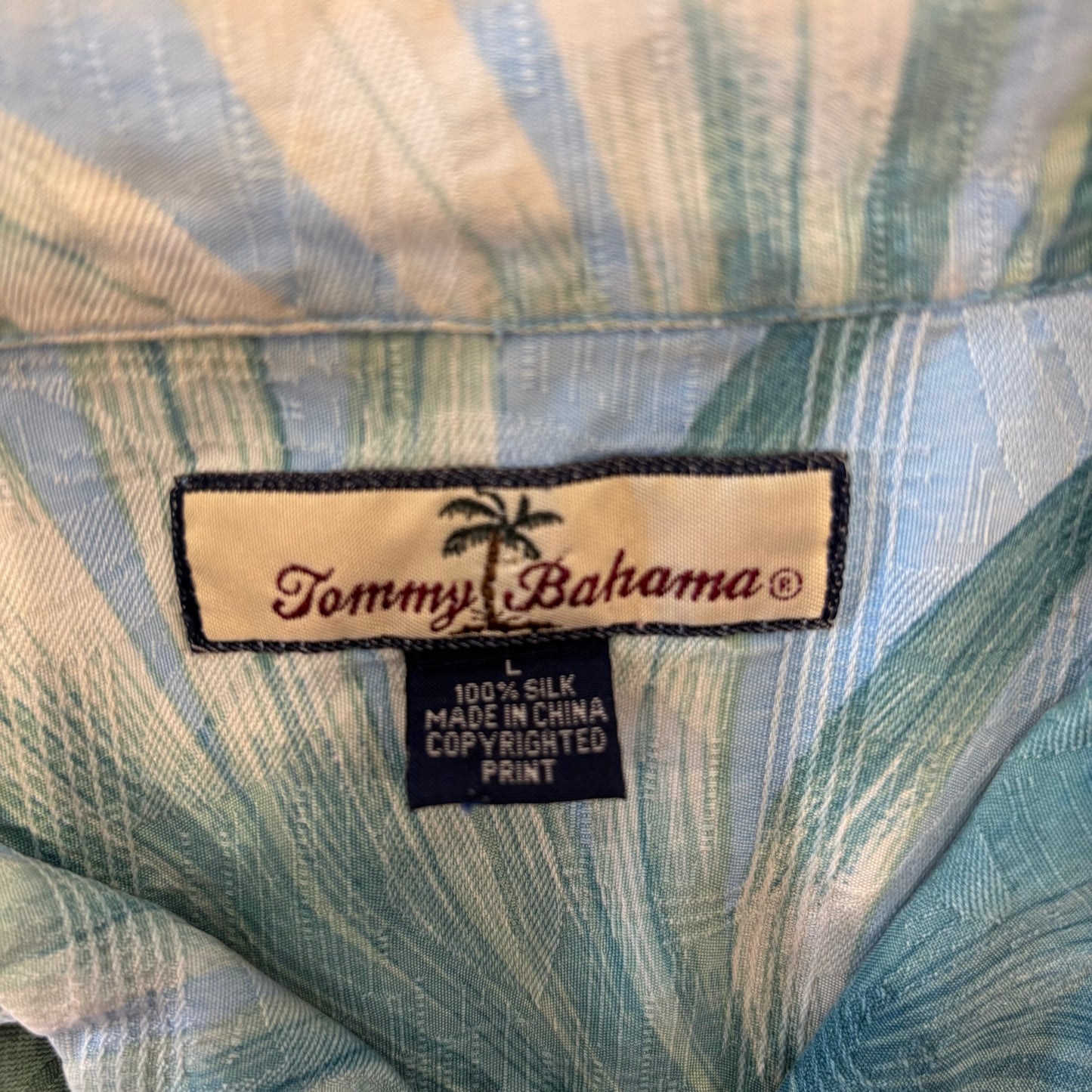 Tommy Bahama ボタニカル柄 シルク オープンカラー アロハシャツ 水色 (L)/B3682SH-SO