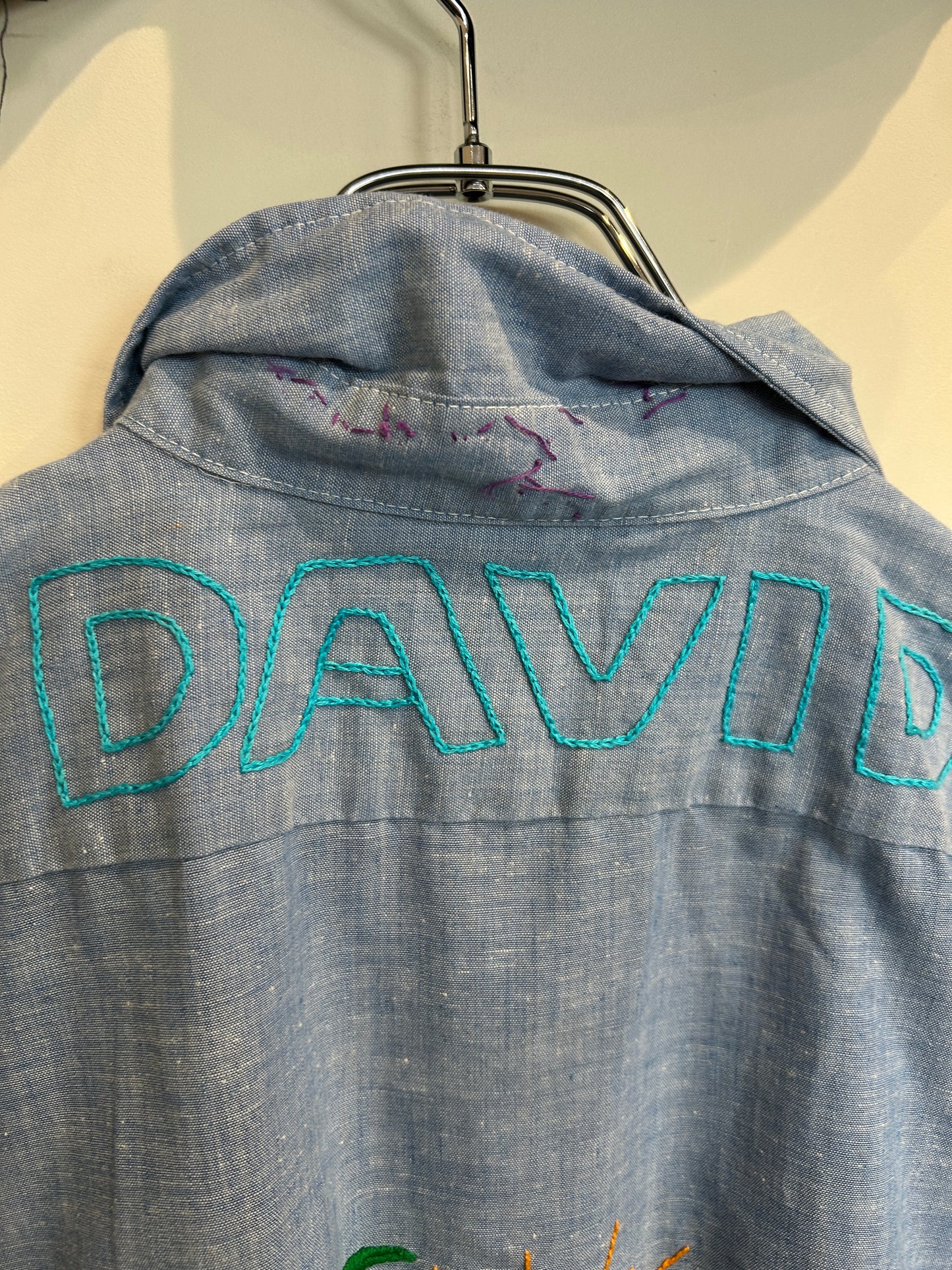 70's DAVID チェーンステッチ デザイン半袖シャツ 青 (サイズ不明)/A7500S-SO