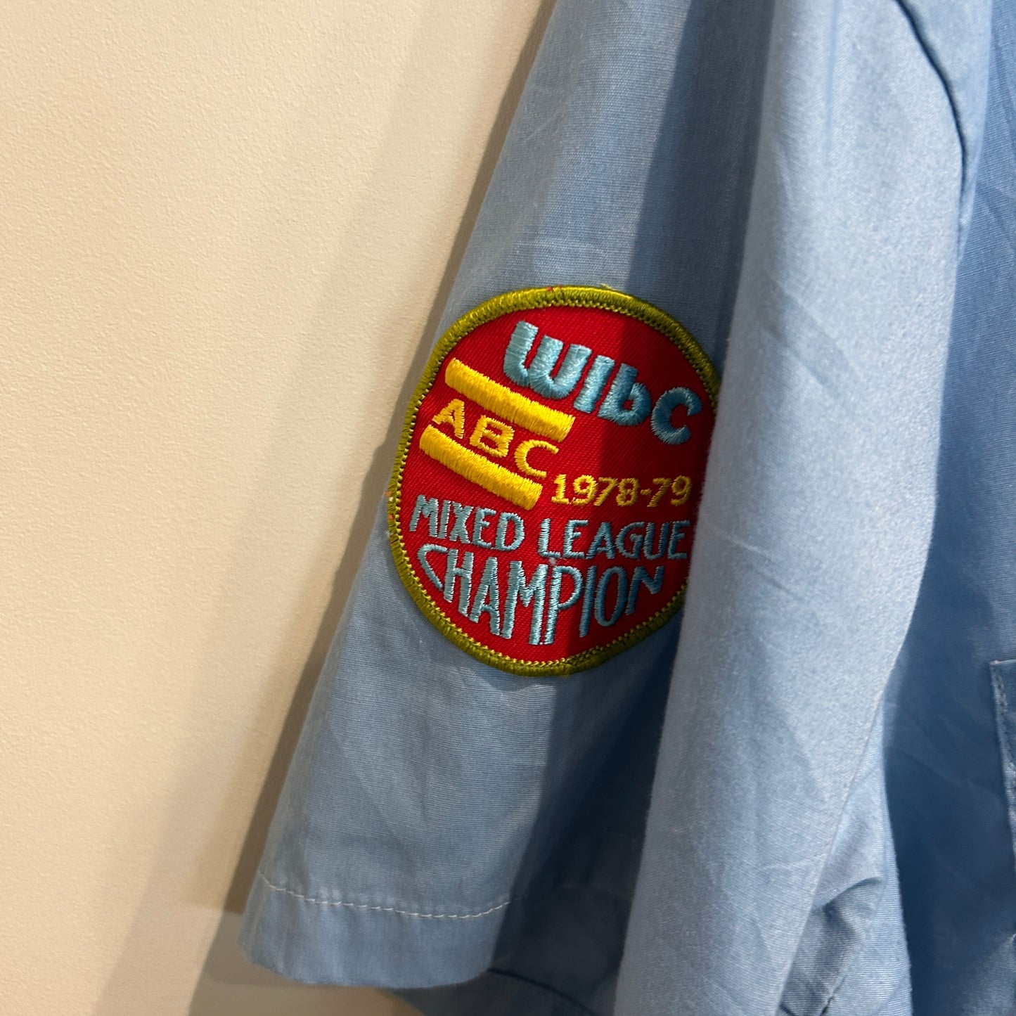 70's OshKosh Roger WIBC ABC s/s ボーリングシャツ 青 (L)/A7436S-SO