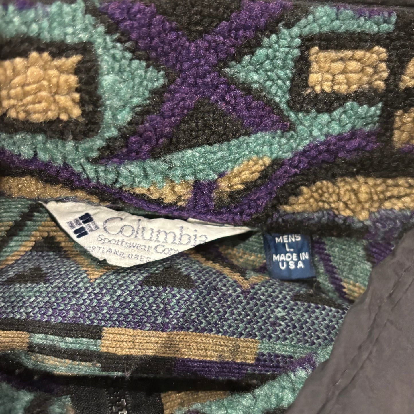 90's Columbia フリース フルジップ ネイティブ 黒青紫ベージュ (L)/B3039F-SO