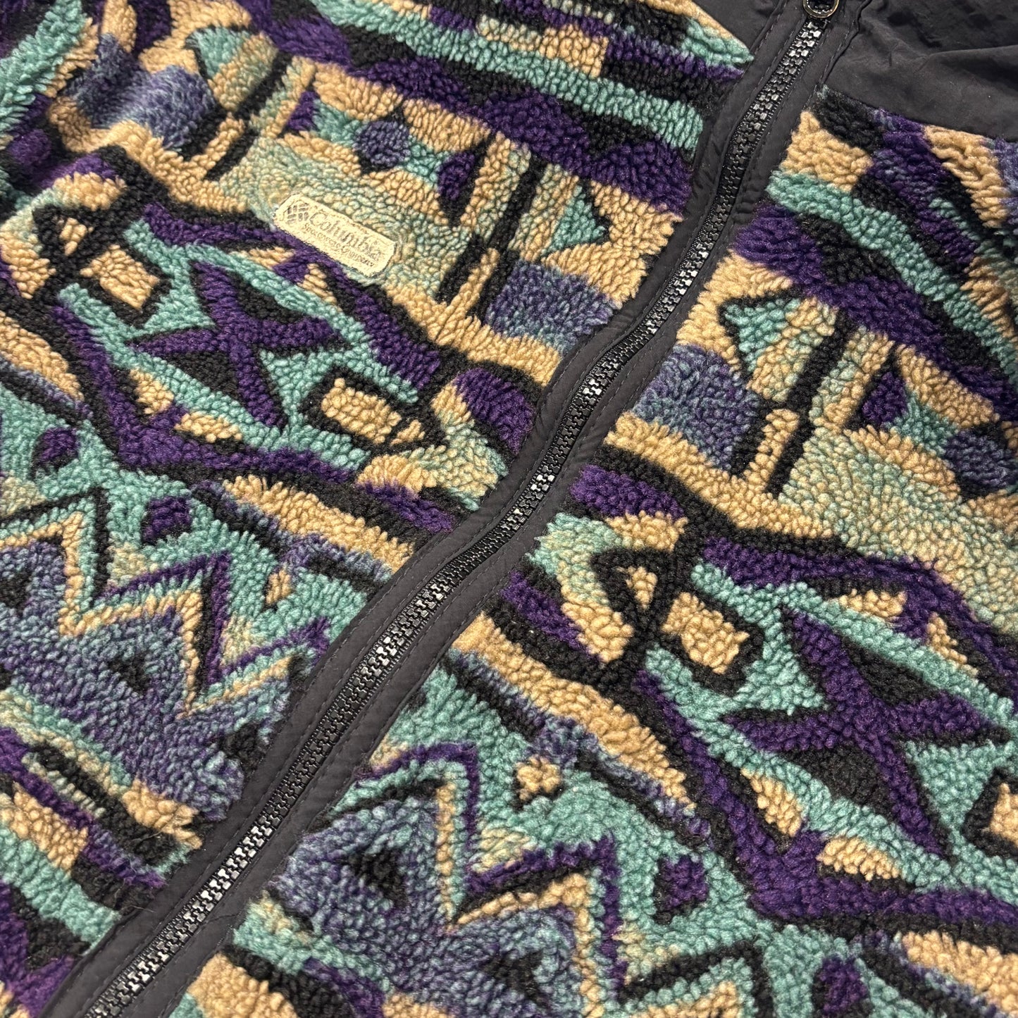 90's Columbia フリース フルジップ ネイティブ 黒青紫ベージュ (L)/B3039F-SO
