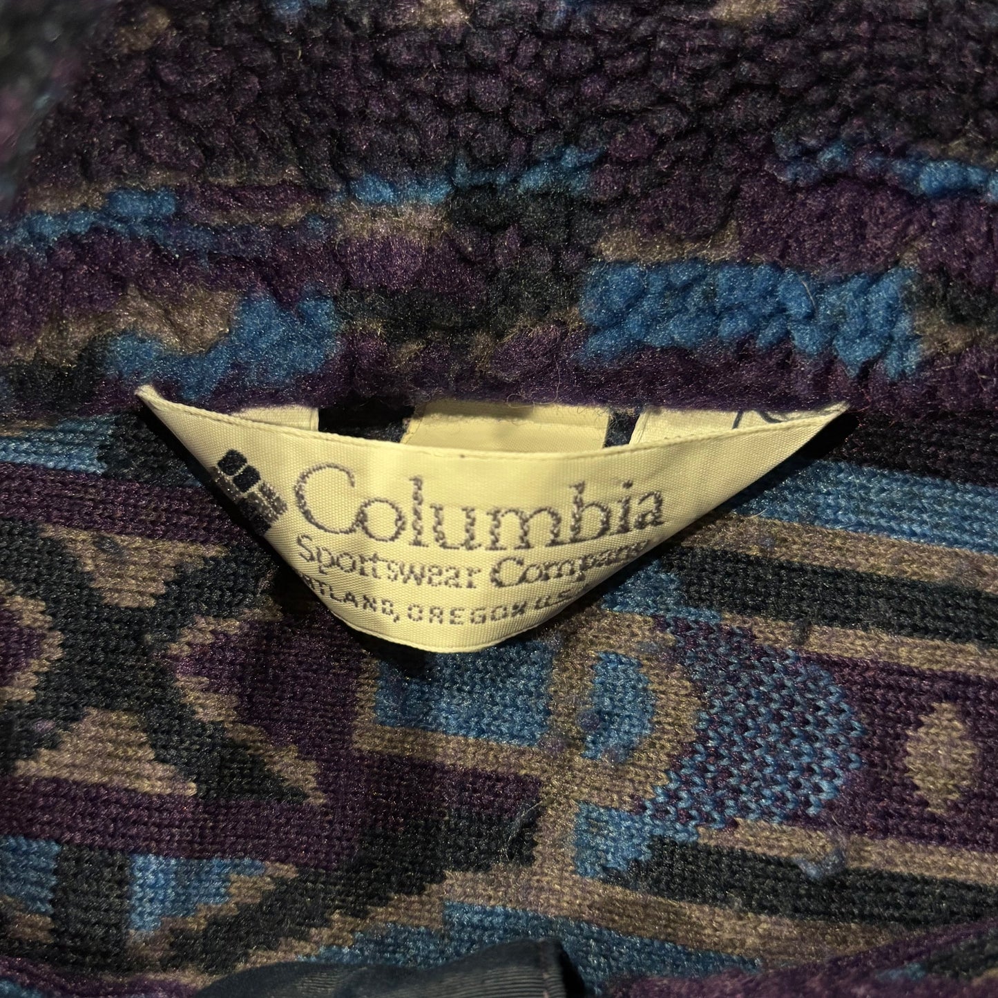 90's Columbia フリース ネイティブ デザインプルオーバー 青黒紫 (L)/A8809F-SO