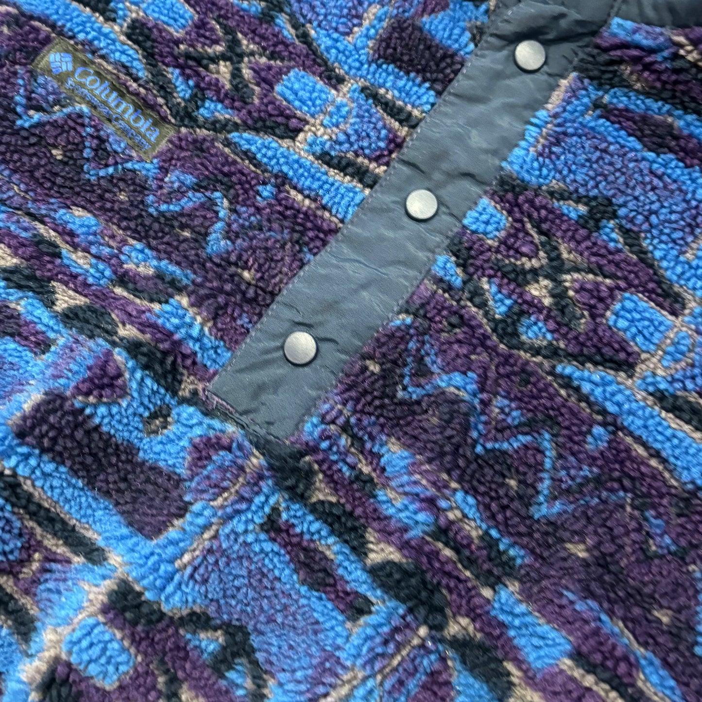 90's Columbia フリース ネイティブ デザインプルオーバー 青黒紫 (L)/A8809F-SO