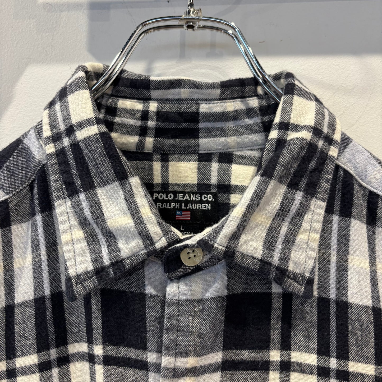 00's POLO JEANS CO. RALPH LAUREN ポロジーンズ ラルフローレン ネルシャツ ホワイト/ブラック(L)/B4190SH-SO