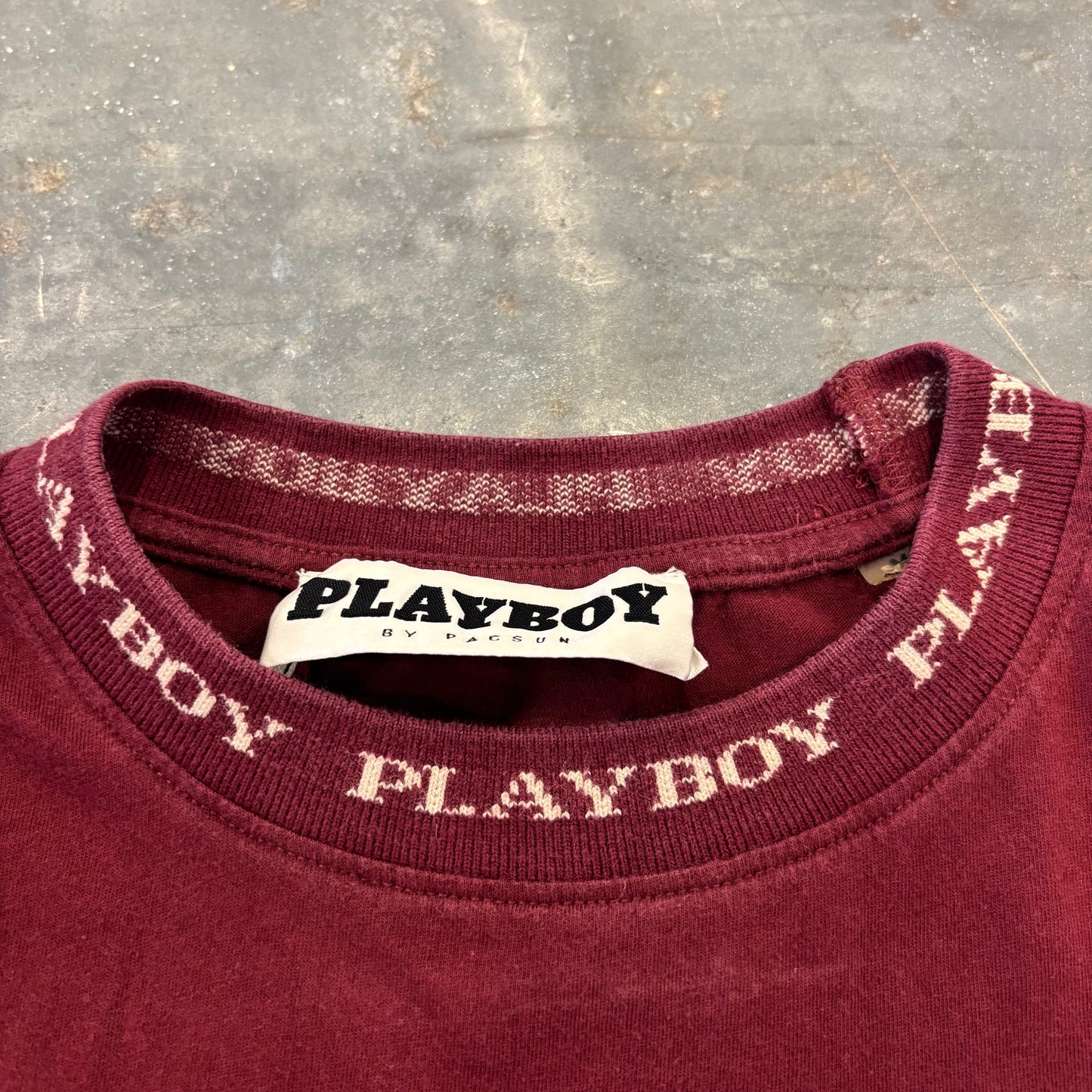 00's PLAYBOY プレイボーイ PasCon ネックロゴ ポケットTシャツ ワインレッド (M)/B3963T-SO