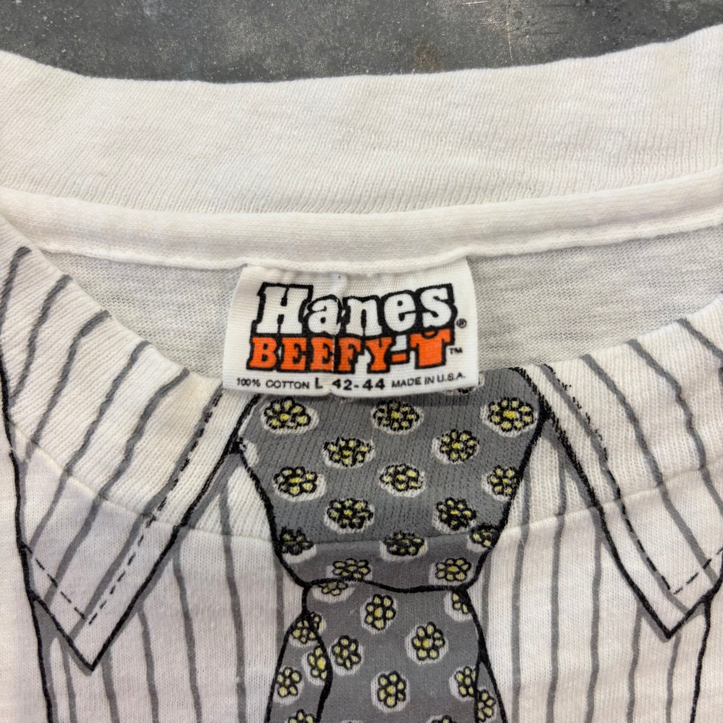 90's Hanes ヘインズ Leslie Arwin 医師 ドクター 白衣 騙し絵プリントTシャツ 白 (L)/B3694