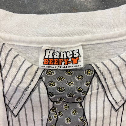 90's Hanes ヘインズ Leslie Arwin 医師 ドクター 白衣 騙し絵プリントTシャツ 白 (L)/B3694