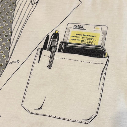 90's Hanes ヘインズ Leslie Arwin 医師 ドクター 白衣 騙し絵プリントTシャツ 白 (L)/B3694