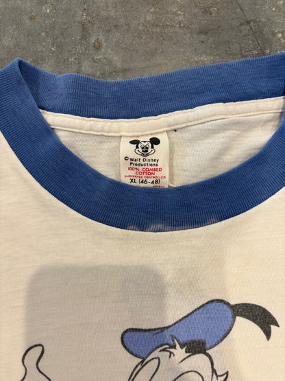 80's "Disney" ディズニー Donald Duck リンガーTシャツ 白 (XL)/B3702T-SO