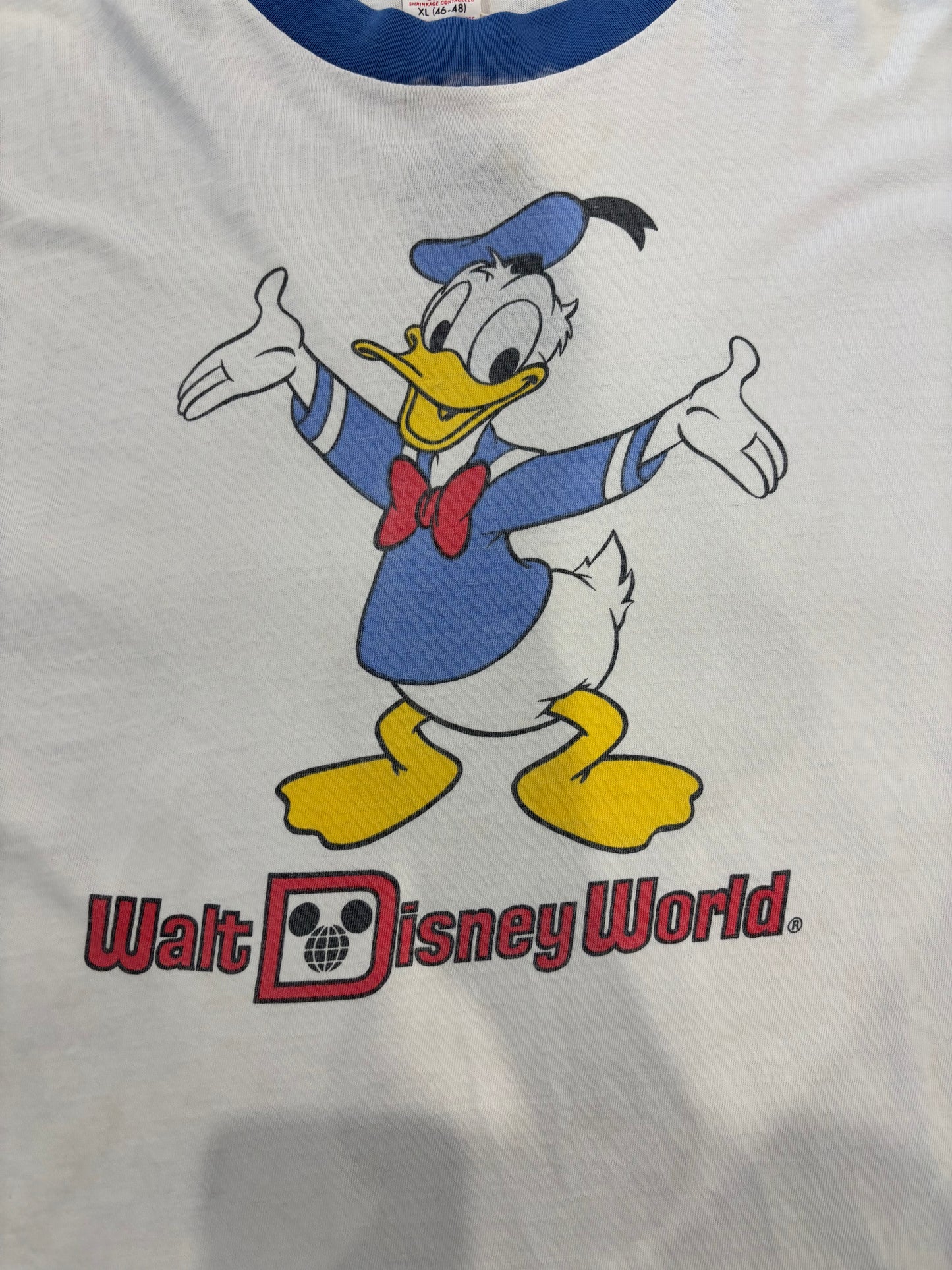 80's "Disney" ディズニー Donald Duck リンガーTシャツ 白 (XL)/B3702T-SO