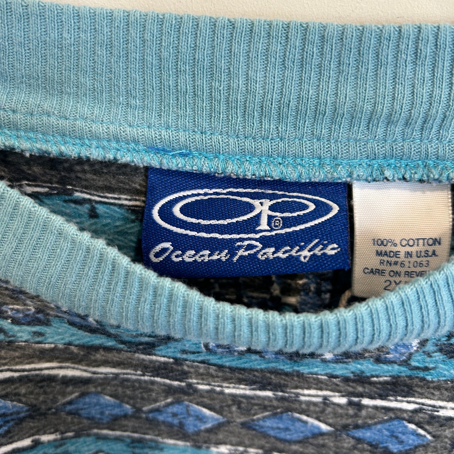 90's Ocean Pacific ネイティブ柄 サーフ ポケットTシャツ 青系統 (2XLT)/C1227T-SO