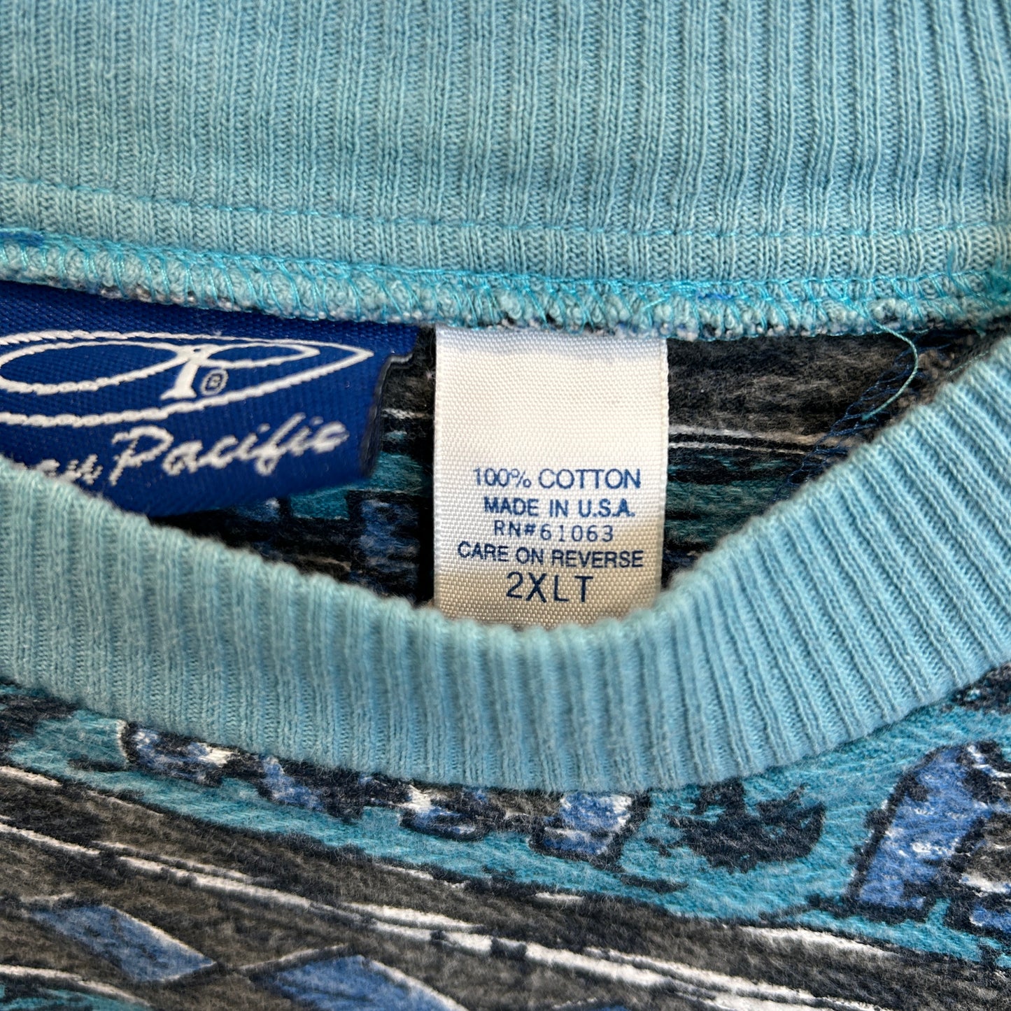 90's Ocean Pacific ネイティブ柄 サーフ ポケットTシャツ 青系統 (2XLT)/C1227T-SO