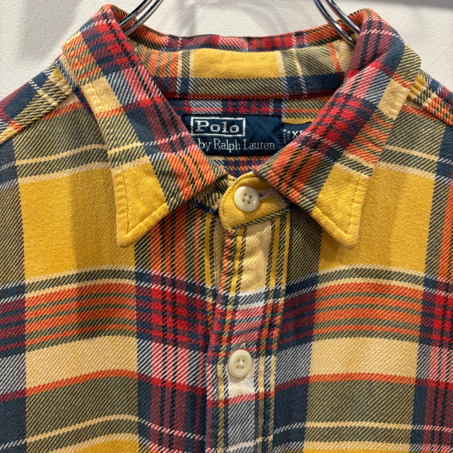 90's~ Polo by Ralph Lauren ラルフローレン フランネルチェックシャツ 黄赤紺 (XL)/A5663S-SO