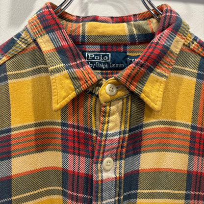 90's~ Polo by Ralph Lauren ラルフローレン フランネルチェックシャツ 黄赤紺 (XL)/A5663S-SO