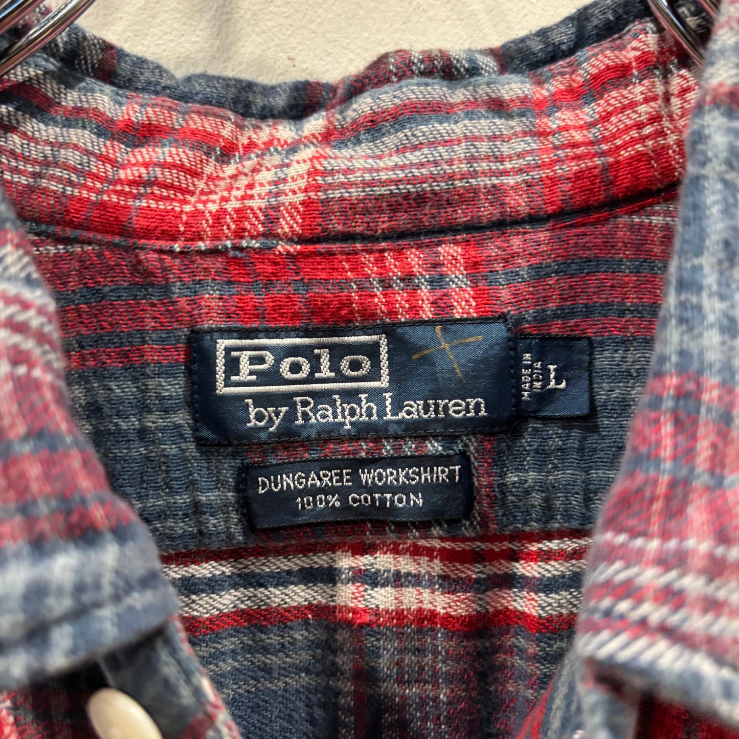 90's~ Polo by Ralph Lauren ラルフローレン Dungaree Work shirt チェック ネルシャツ 赤青系白 (L)/B2954S-SO