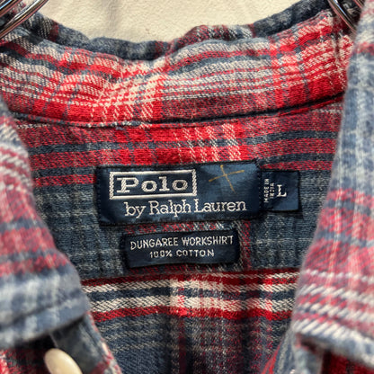 90's~ Polo by Ralph Lauren ラルフローレン Dungaree Work shirt チェック ネルシャツ 赤青系白 (L)/B2954S-SO