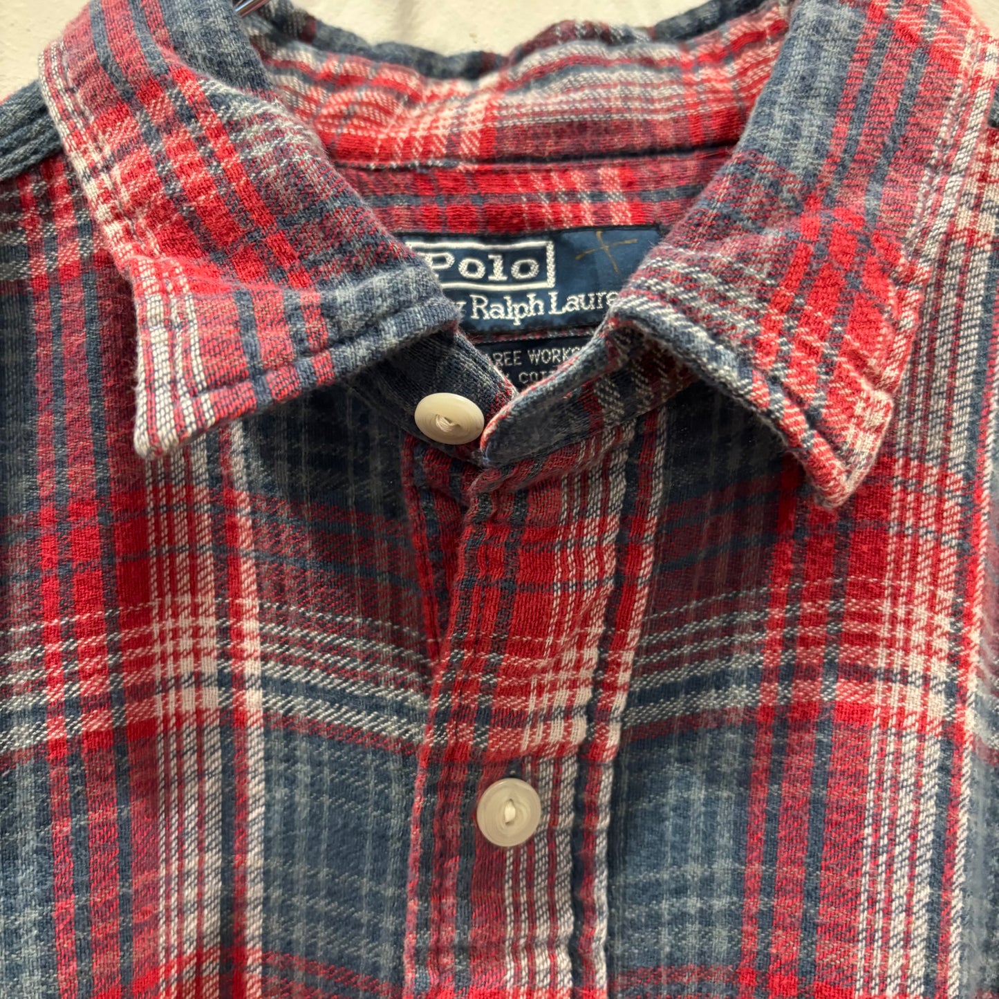 90's~ Polo by Ralph Lauren ラルフローレン Dungaree Work shirt チェック ネルシャツ 赤青系白 (L)/B2954S-SO