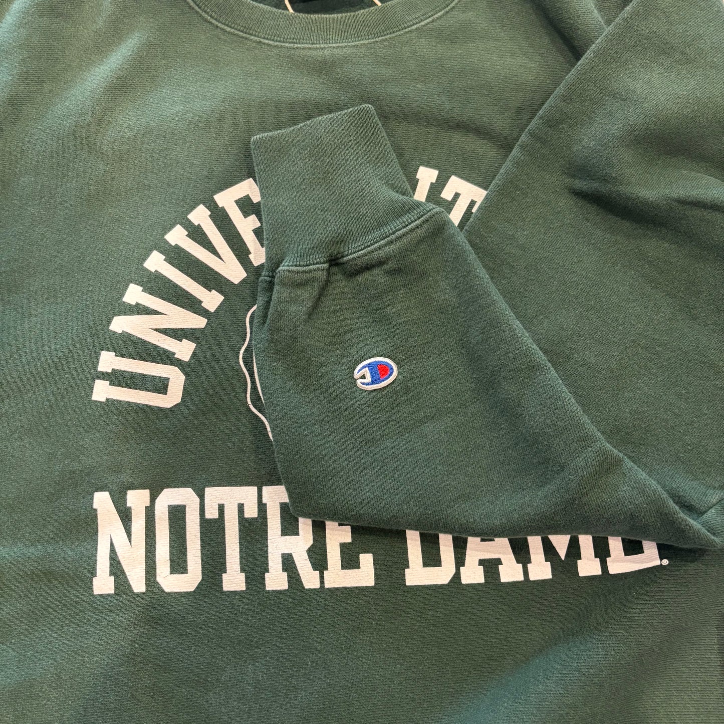 Champion Reverse Weave US企画 リバースウィーブ NOTRE DAME カレッジスウェット 深緑 (L) /B4128R-SO