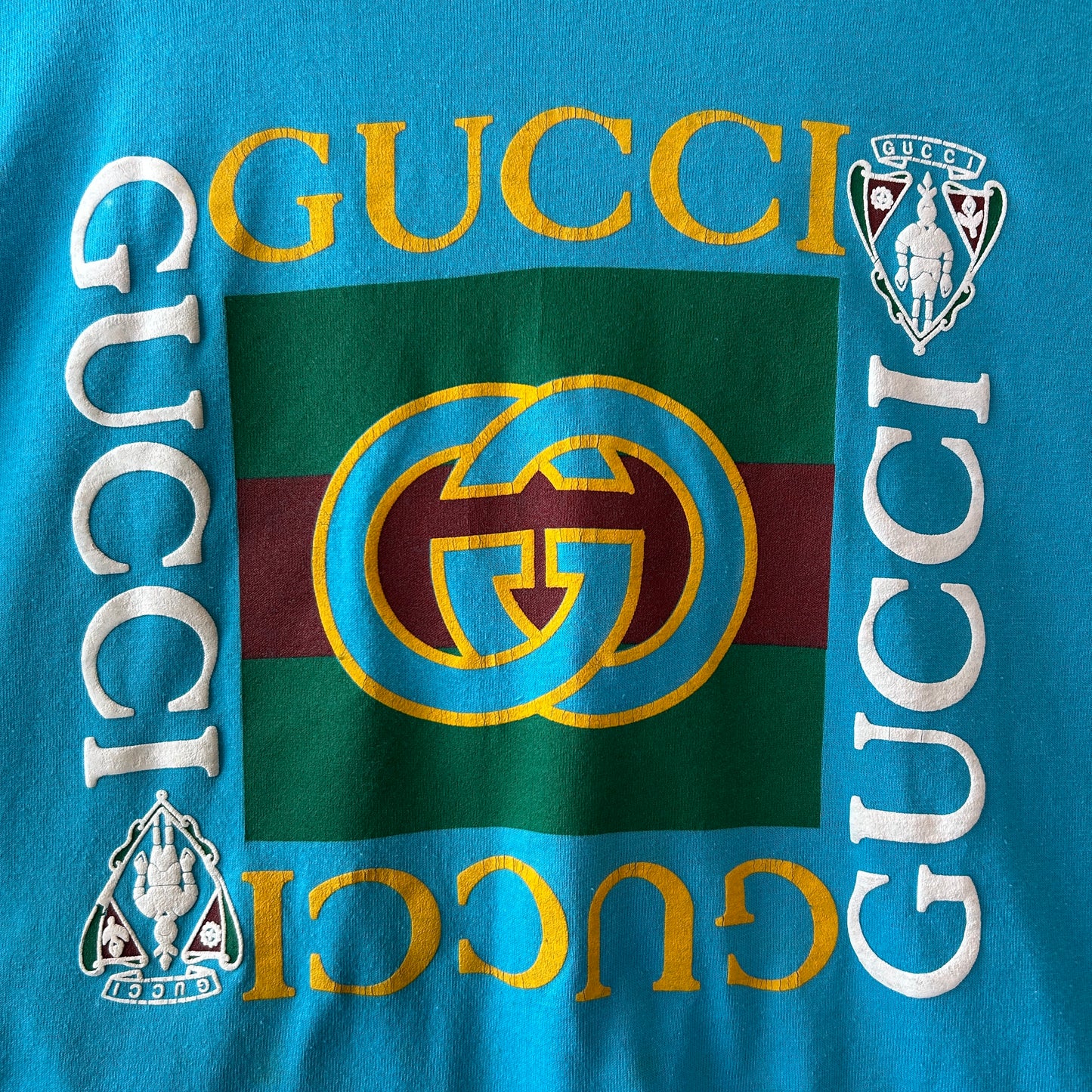 90's GUCCI グッチ ブートレグ ロゴTシャツ ターコイズブルー(XL)/C0863T-SO