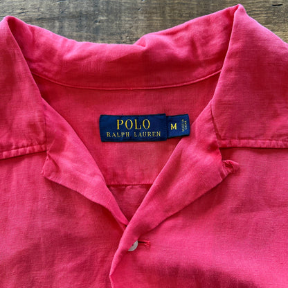 00's Polo Ralph Lauren ラルフ シルク/リネン オープンカラーシャツ 裾ポニー ピンク(M)/A3019SH-SO