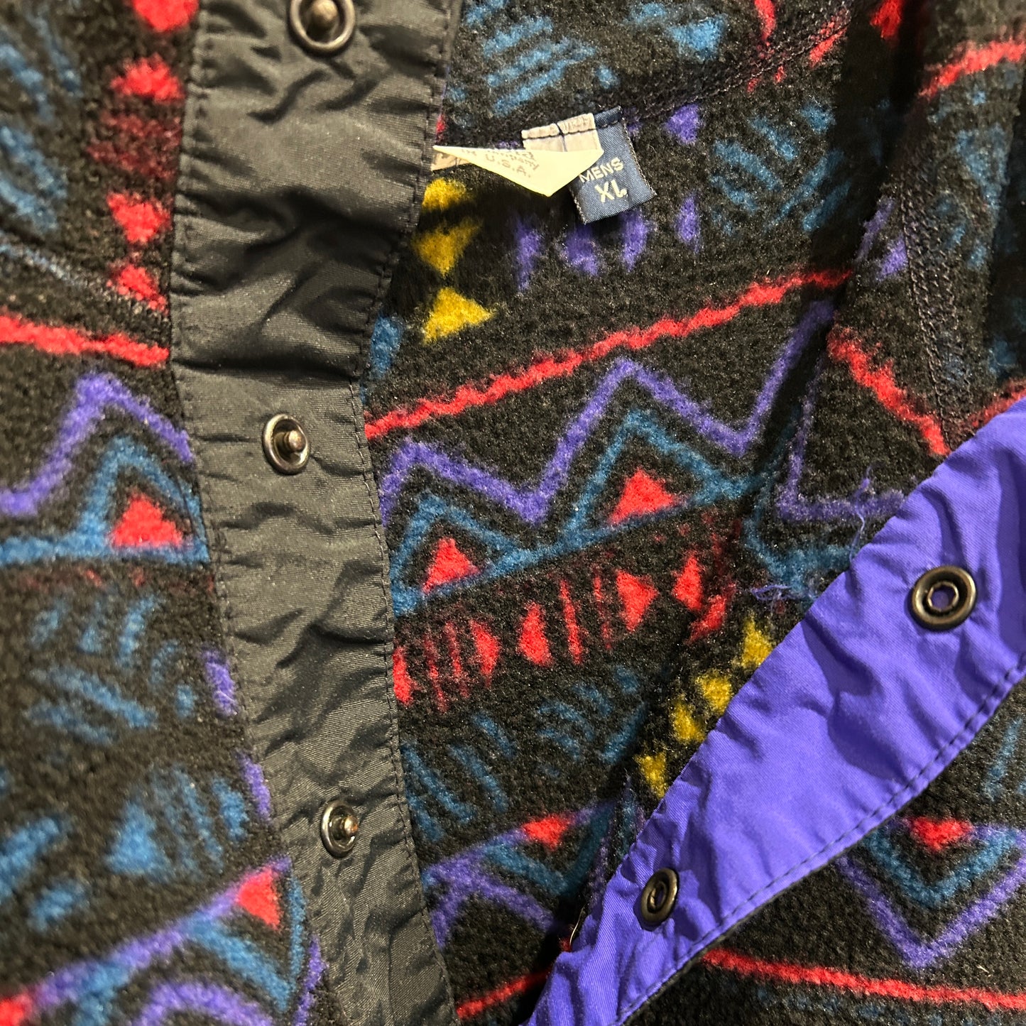 90's Columbia コロンビア 総柄フリースプルオーバー スナップT USA製 黒(XL)/9050O-SO