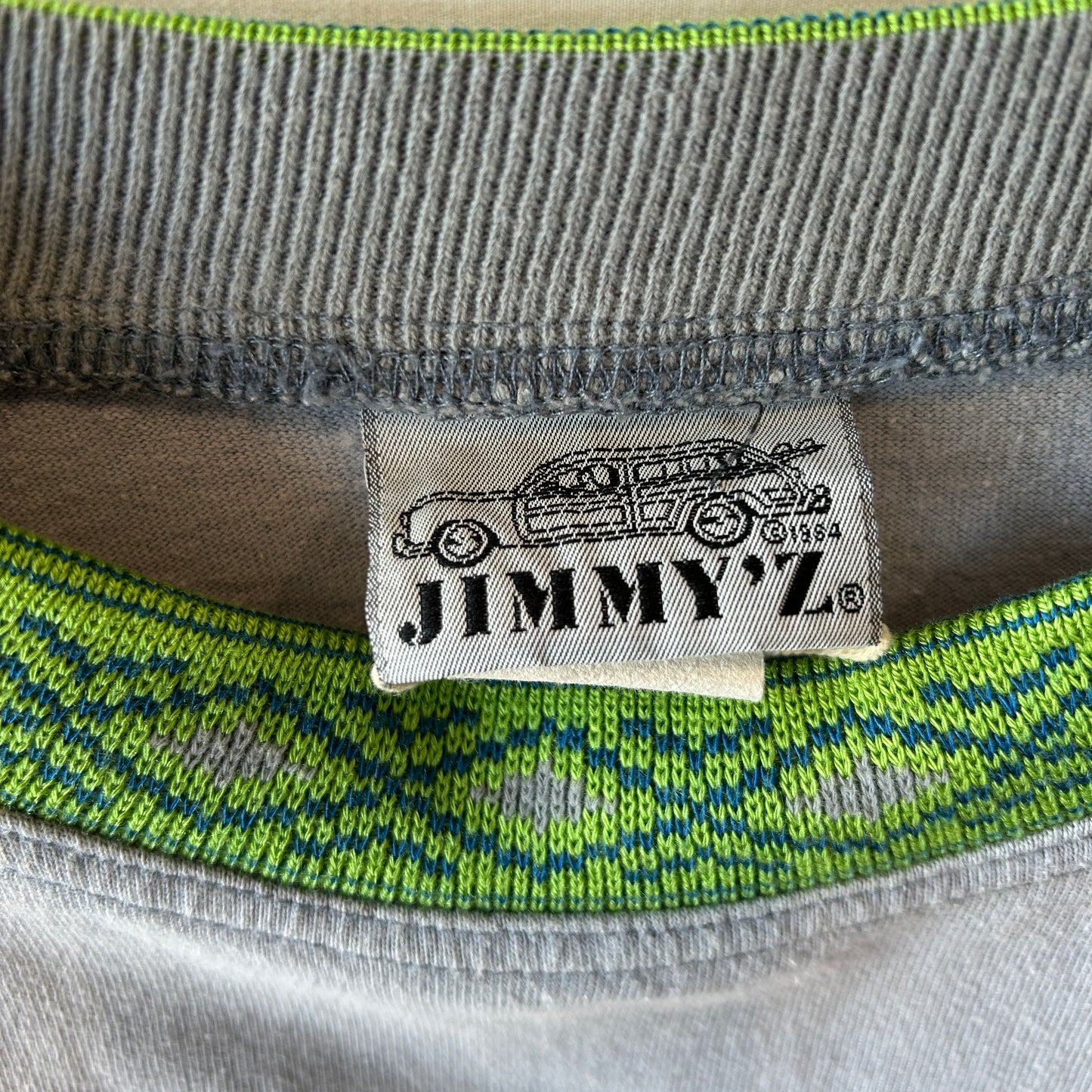 80's Jimmy'z ジミーズ ネイティブ柄切り替え モックネックTシャツ ロンT グレー オールドサーフ スケート /C1078T-SO