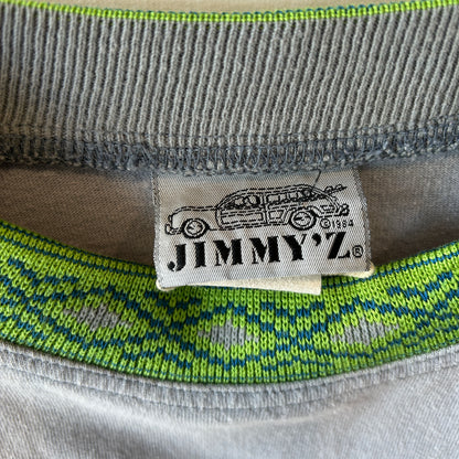 80's Jimmy'z ジミーズ ネイティブ柄切り替え モックネックTシャツ ロンT グレー オールドサーフ スケート /C1078T-SO