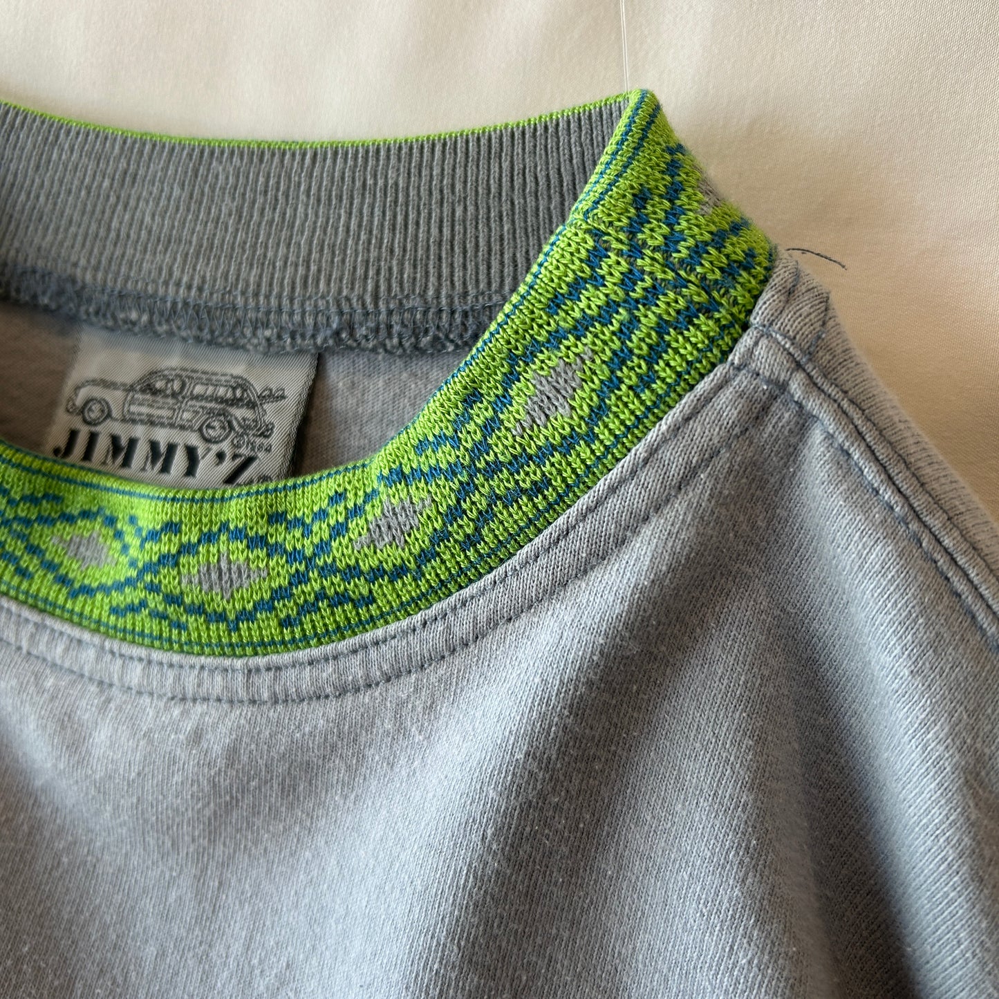 80's Jimmy'z ジミーズ ネイティブ柄切り替え モックネックTシャツ ロンT グレー オールドサーフ スケート /C1078T-SO