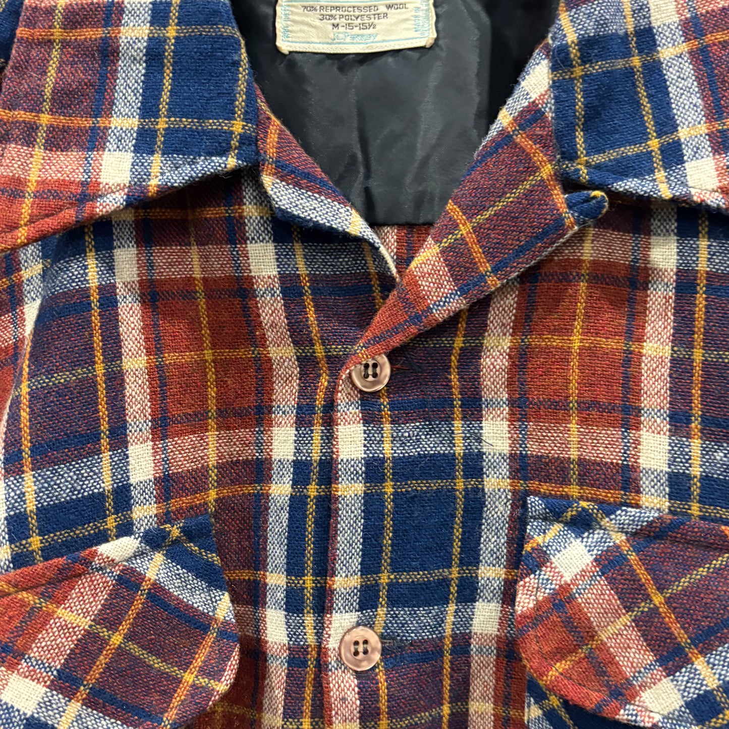 70's JCPenney モンゴメリーワード ウール オープンカラーチェックシャツ 紺黄白橙 (M)/A5096S-SO