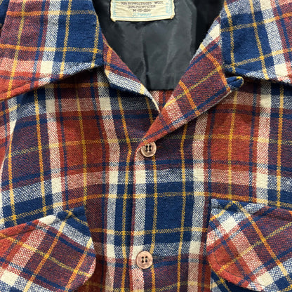 70's JCPenney モンゴメリーワード ウール オープンカラーチェックシャツ 紺黄白橙 (M)/A5096S-SO