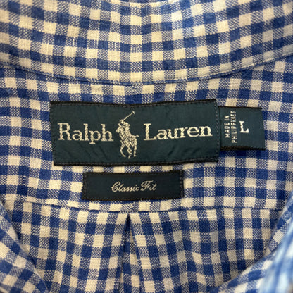 00's Ralph Lauren ラルフ 半袖 ギンガムチェック ボタンダウンリネンシャツ 青白 L/A4331SH-SO