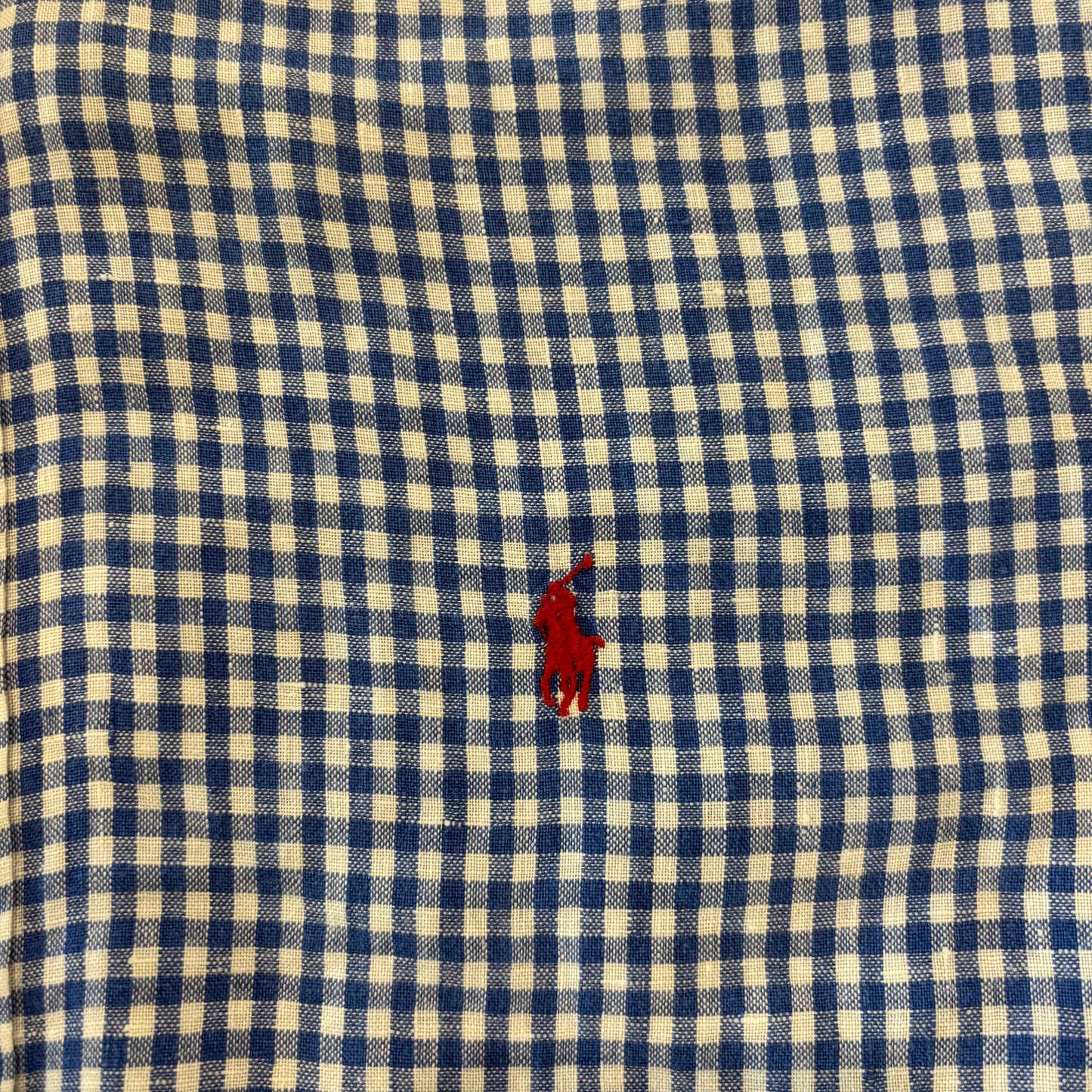 00's Ralph Lauren ラルフ 半袖 ギンガムチェック ボタンダウンリネンシャツ 青白 L/A4331SH-SO