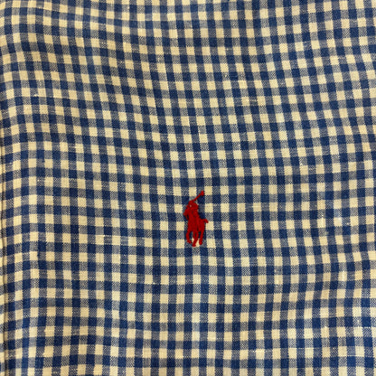 00's Ralph Lauren ラルフ 半袖 ギンガムチェック ボタンダウンリネンシャツ 青白 L/A4331SH-SO