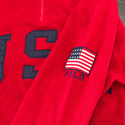 90's Ralph Lauren ラルフローレン USA刺繍 ハーフジップ プルオーバー フリースジャケット 赤 (L) /B1437O-SO