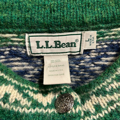 90's L.L.Bean エルエルビーン ノルディック柄　コンチョボタンヘンリーネックニット 青緑(L)/A8673K-SO