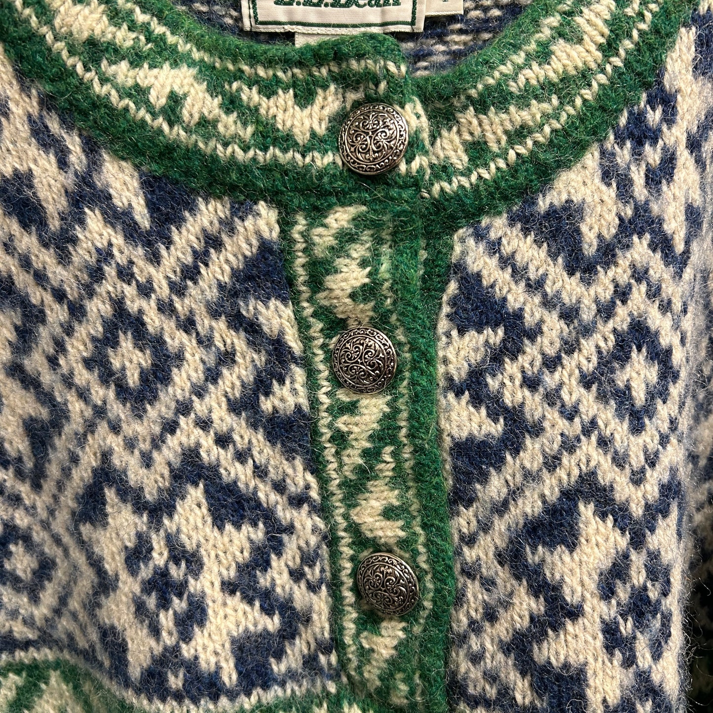 90's L.L.Bean エルエルビーン ノルディック柄　コンチョボタンヘンリーネックニット 青緑(L)/A8673K-SO