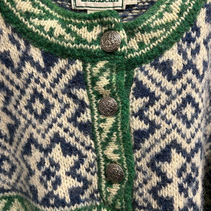 90's L.L.Bean エルエルビーン ノルディック柄　コンチョボタンヘンリーネックニット 青緑(L)/A8673K-SO