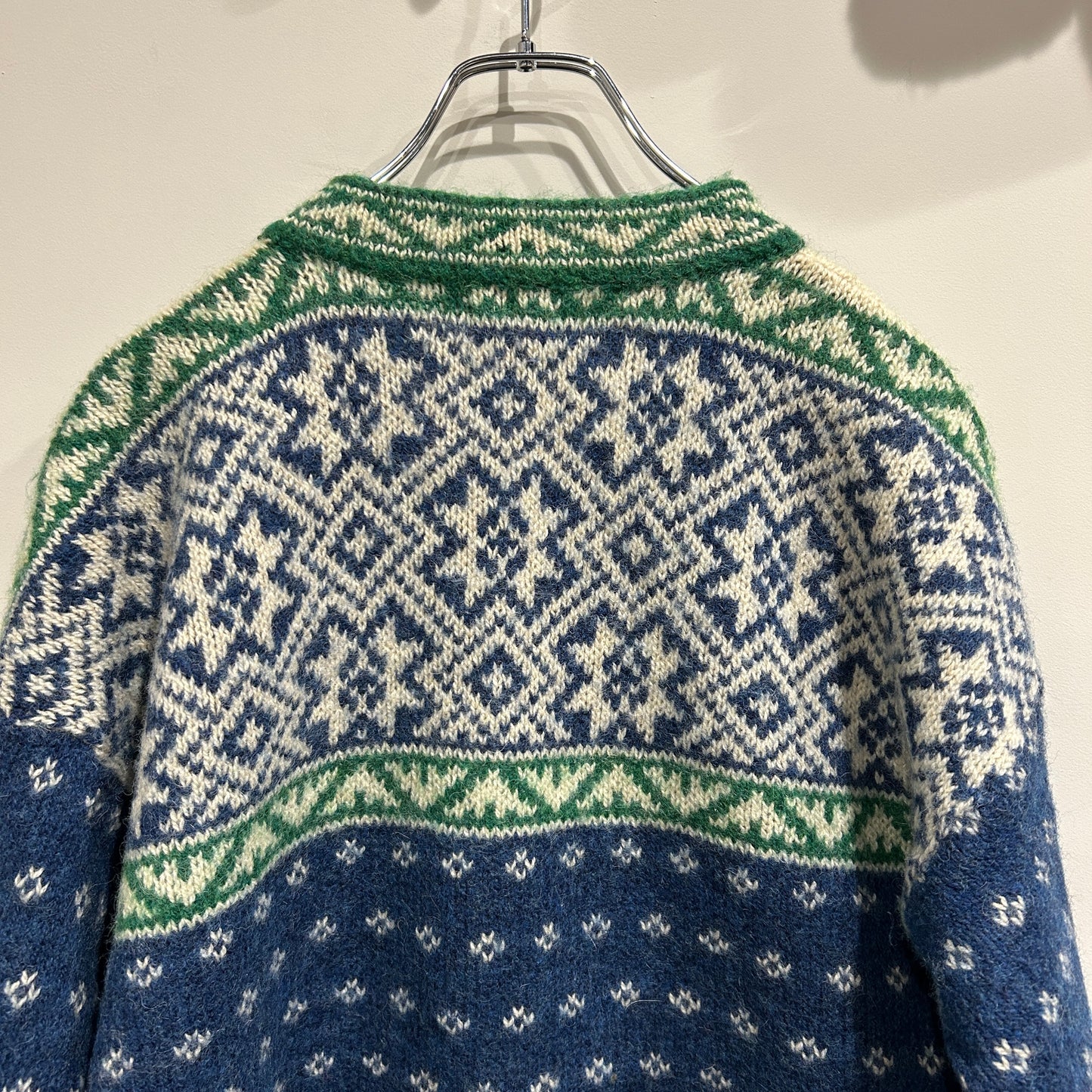 90's L.L.Bean エルエルビーン ノルディック柄　コンチョボタンヘンリーネックニット 青緑(L)/A8673K-SO