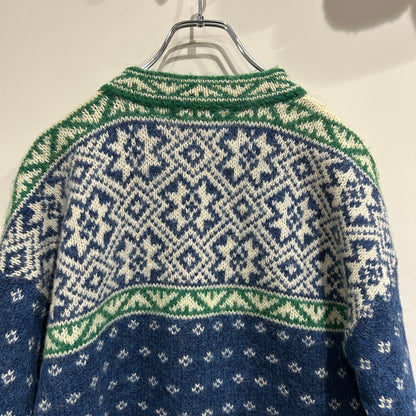 90's L.L.Bean エルエルビーン ノルディック柄　コンチョボタンヘンリーネックニット 青緑(L)/A8673K-SO