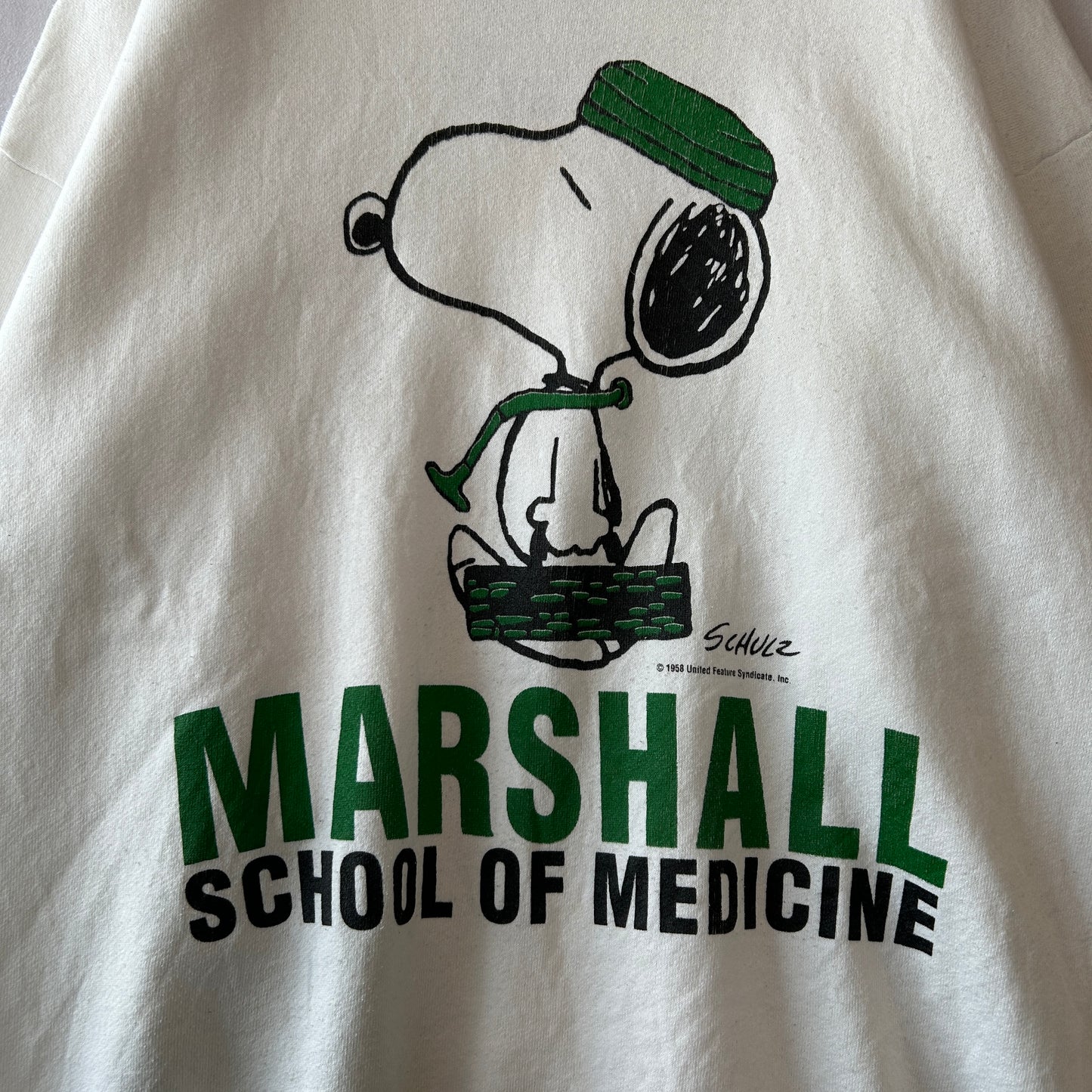 90's MARSHALL UNIVERSITY マーシャル医科大学 スヌーピー カレッジスウェット 白(XL)/A8698S-SO