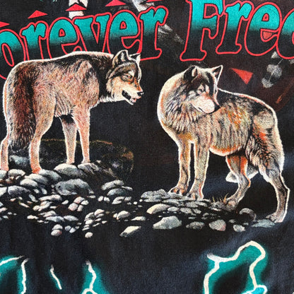 90's American Thunder Forever Free 狼 プリントTシャツ 黒 (2XL)/B2732T-SO