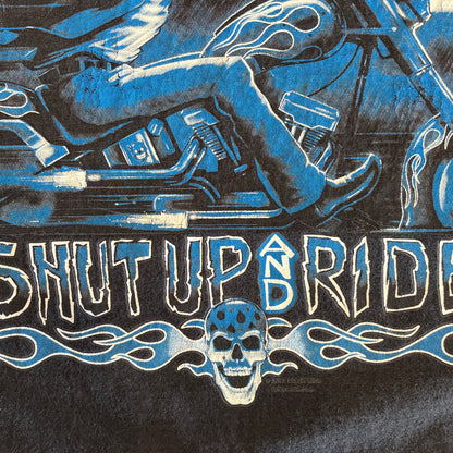 00's DELTA SHUT UP AND RIDE Ocean City Liquid Blue ストームライダー プリントTシャツ 黒 (XL)/B2521T-SO