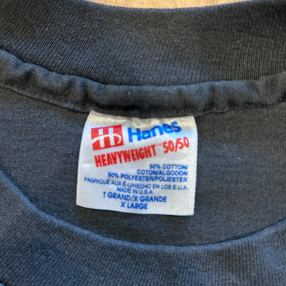 80's Hanes メッセージTシャツ シングルステッチ 黒(XL)B2807T-SO