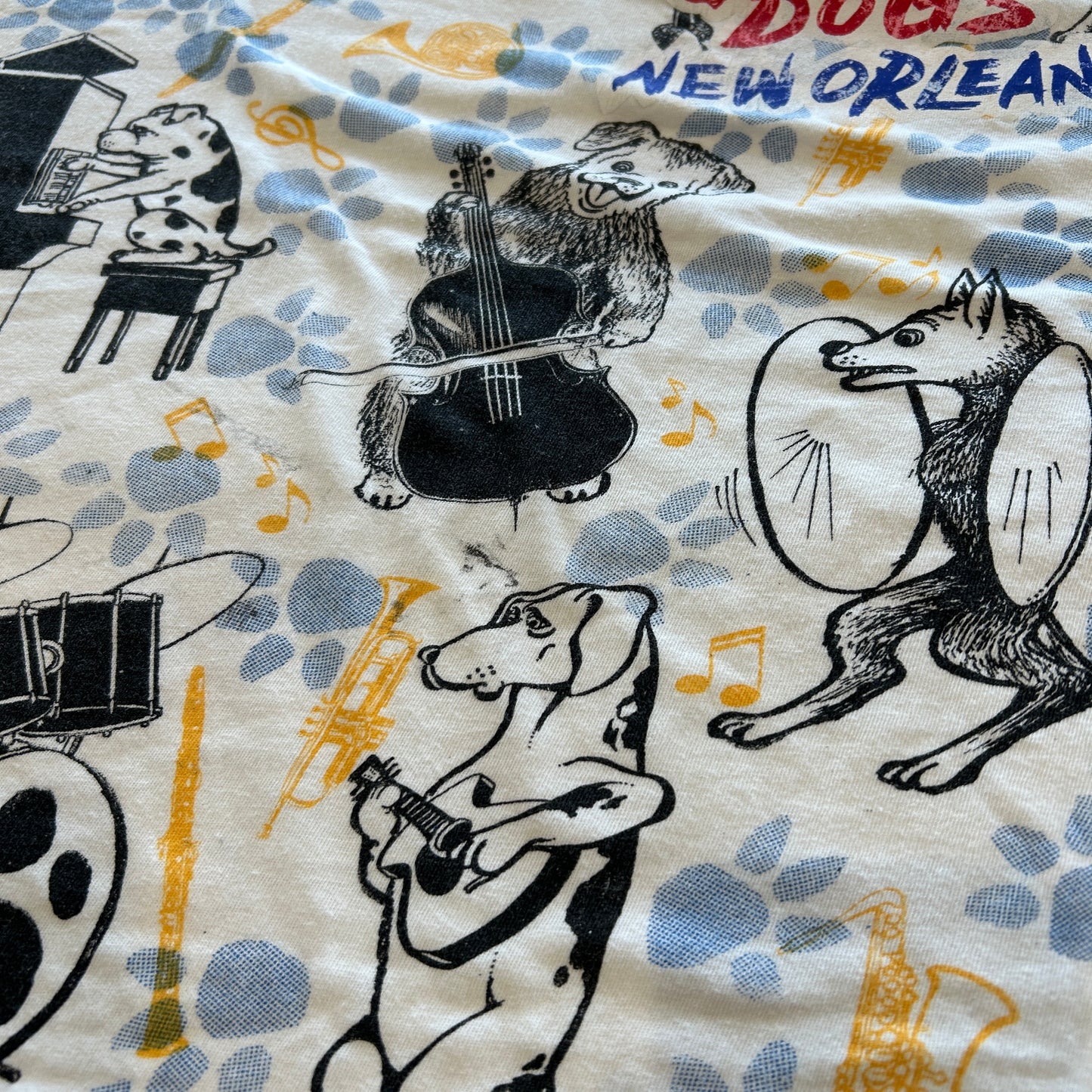 90's "JAZZ DOGS NEW ORLEANS" Tシャツ 総柄 ホワイト (XL)/A7558T-SO