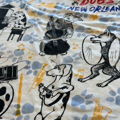 90's "JAZZ DOGS NEW ORLEANS" Tシャツ 総柄 ホワイト (XL)/A7558T-SO