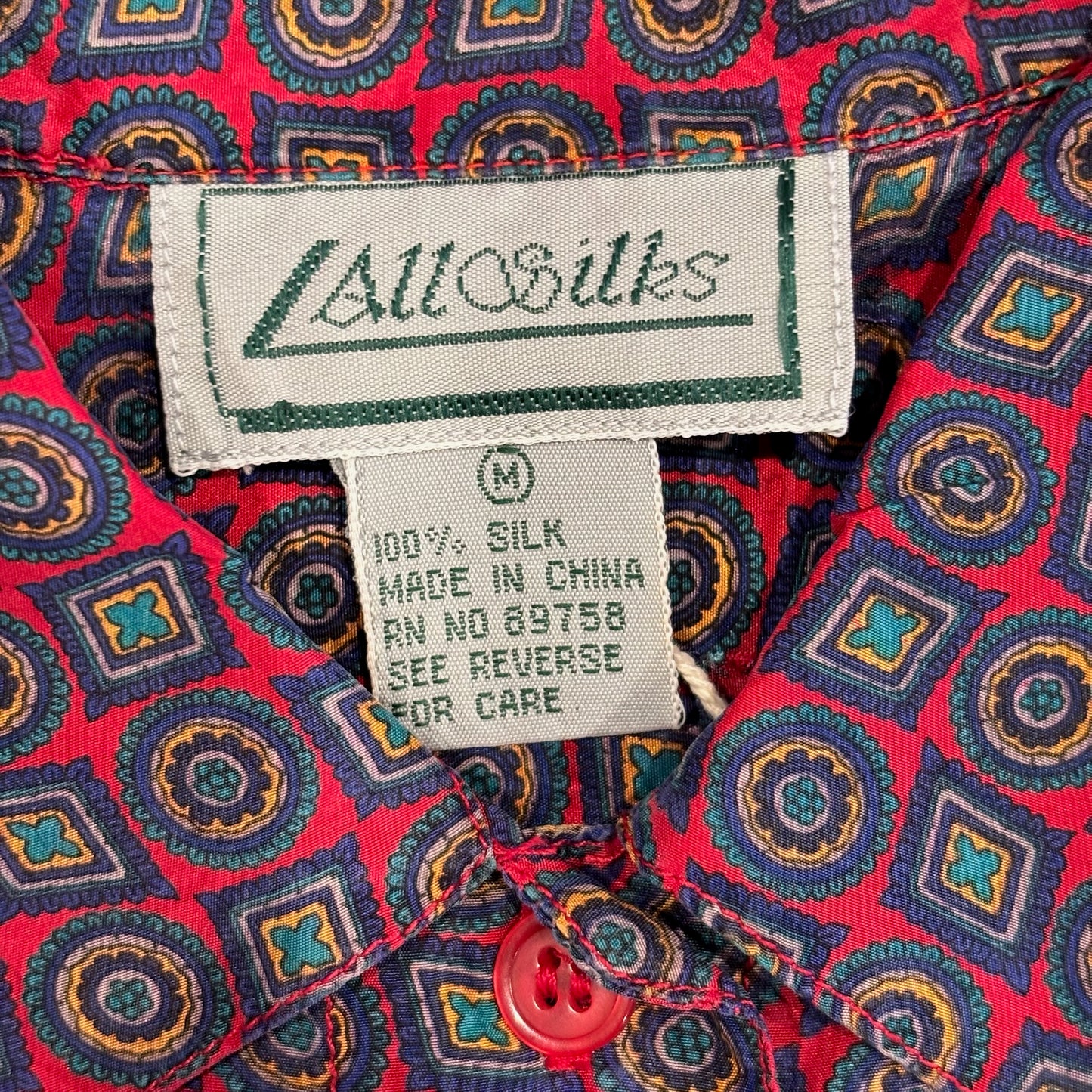 ９0's All Silks 100%シルク 半袖シャツ 総柄 赤紺 (M)/A7511S-SO