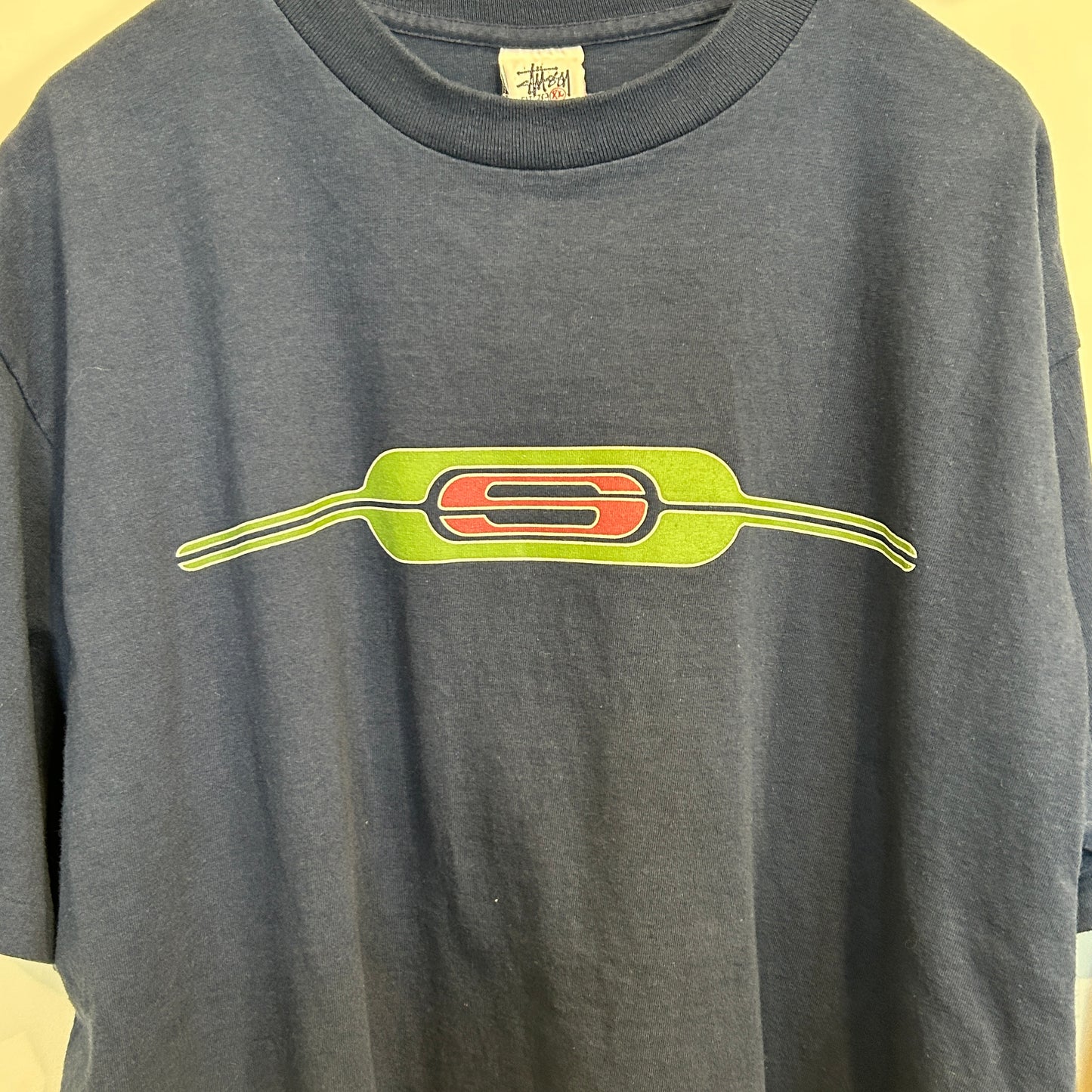 90's Stussy ステューシー グラフィック ロゴプリントTシャツ 紺 (XL)/C0384T-SO