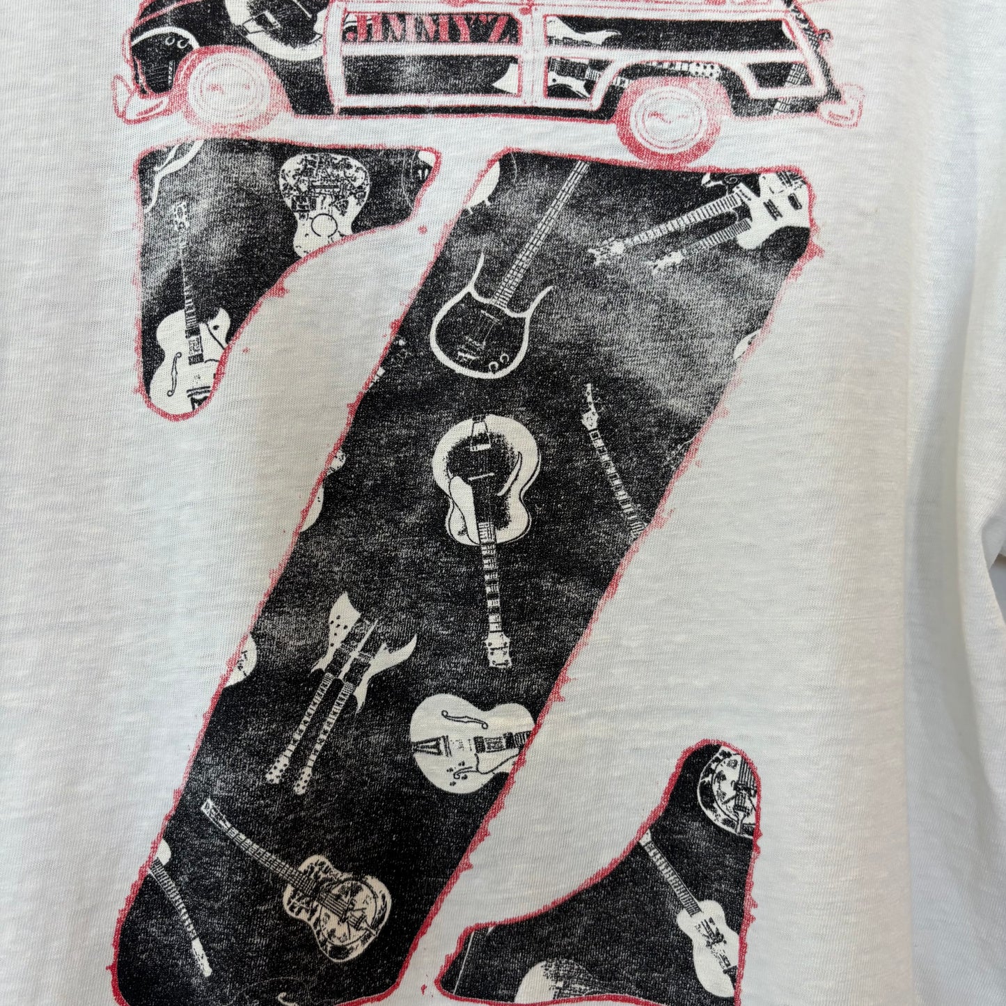 80's Jimmy's ウッディワゴン＆ギター プリントTシャツ 白(XL)/B3052T-SO